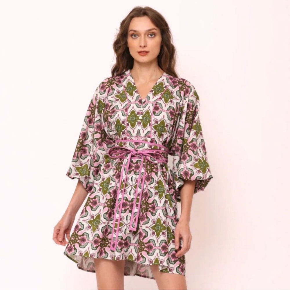 BEYOND by Vera Lara Block Print Floral Long Puff Sleeve Belted Mini Dress Large